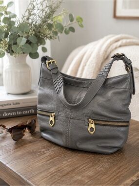 orYANY Gray  Leather Shoulder Bag with Brass Accents